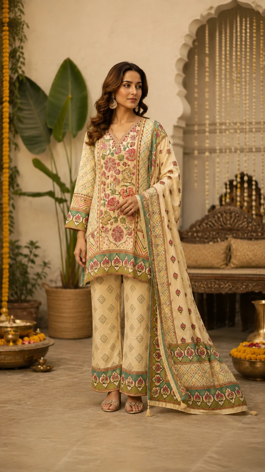 Gagan Trends Home Ivory Floral Printed Kurta Palazzo Set with Dupatta