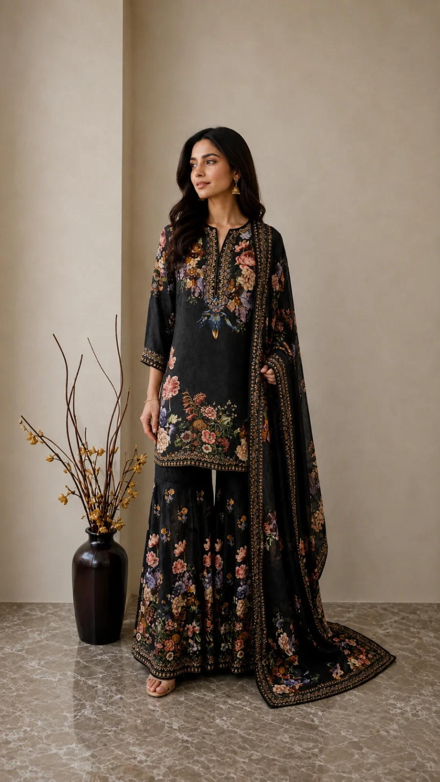 Gagan Trends Home Black Floral Printed Kurta with Sharara & Dupatta Set