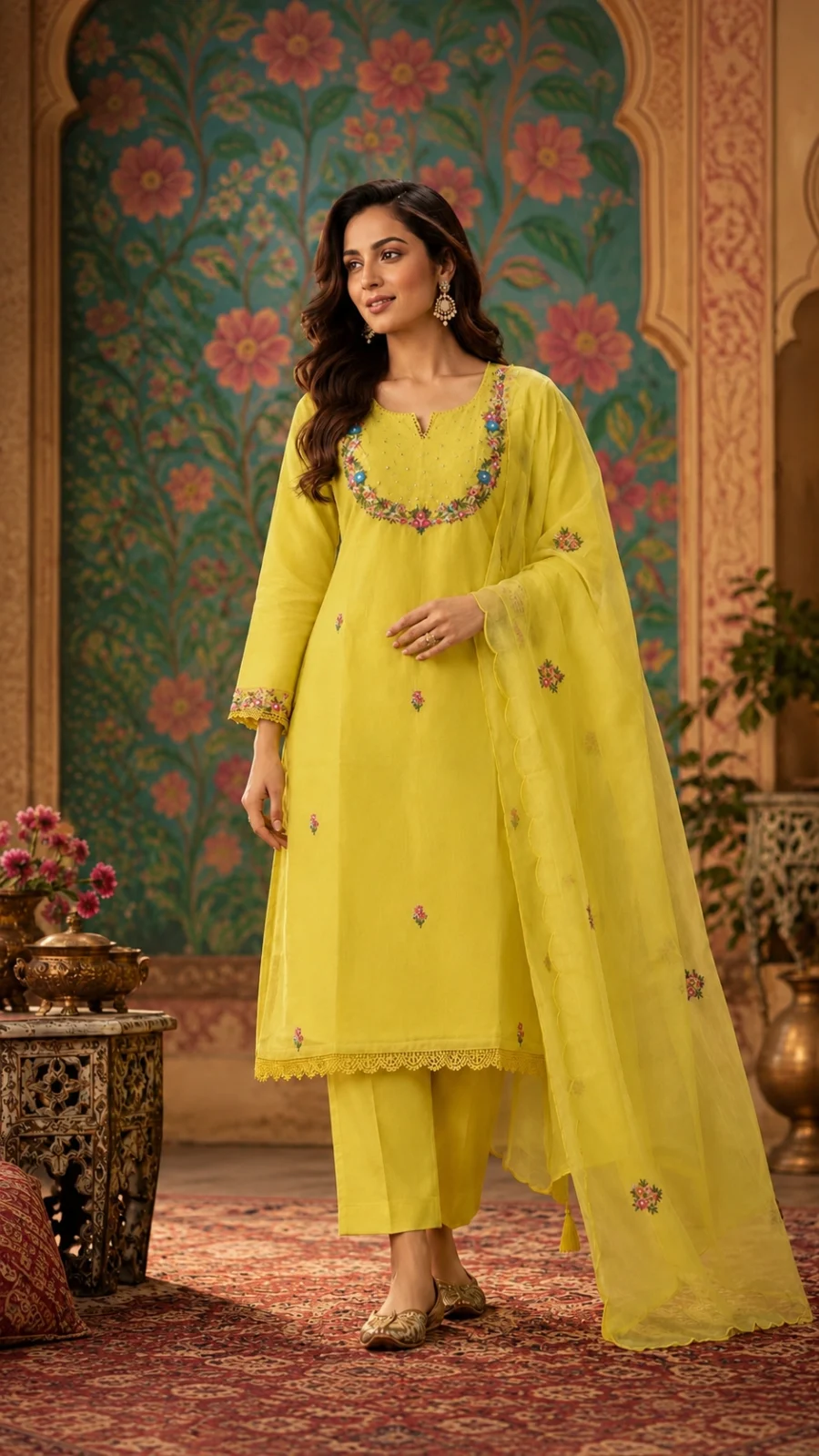 Gagan Trends Home Sunshine Yellow Floral Embroidered Kurta Set with Dupatta