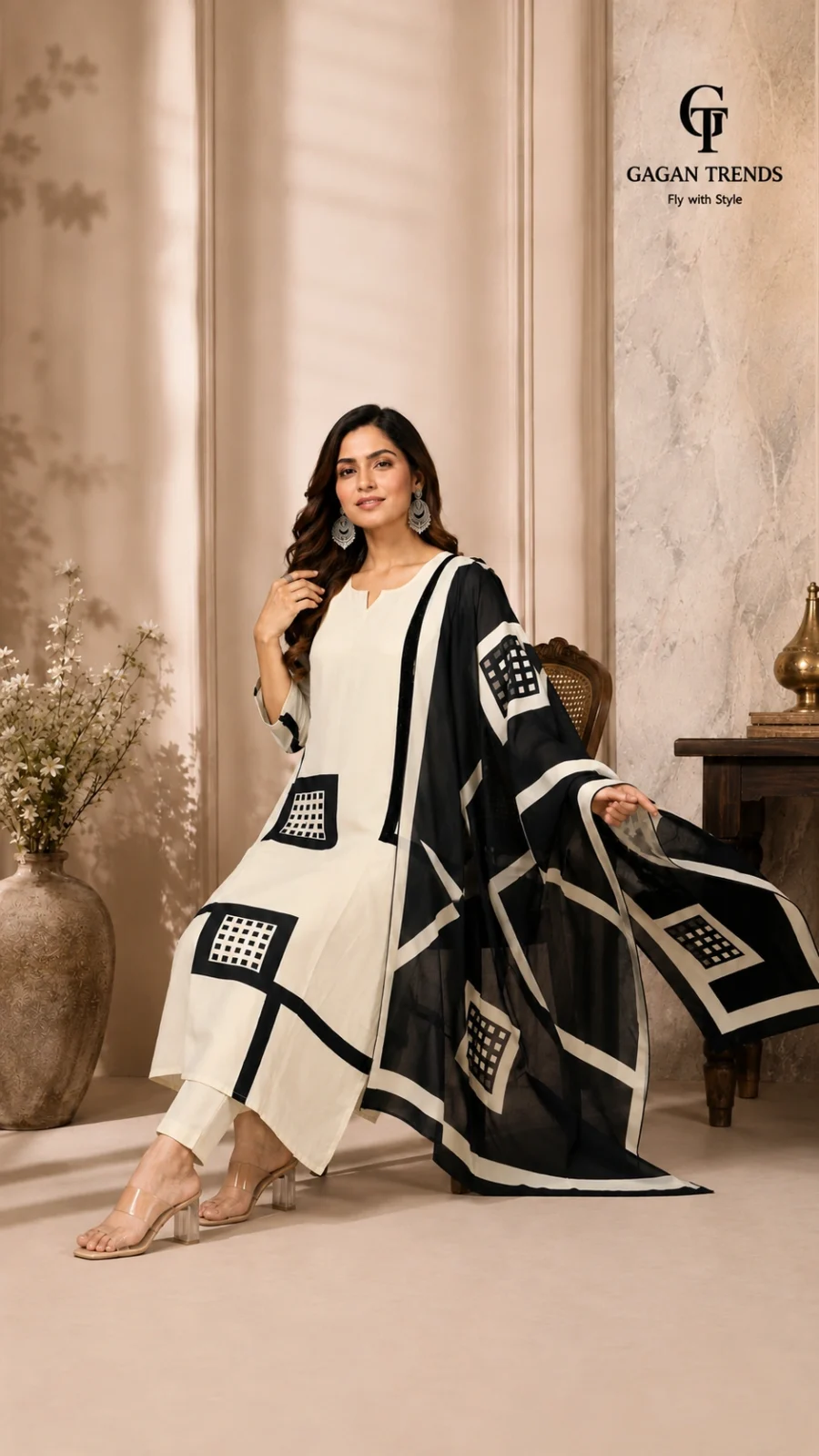 Gagan Trends Home Black & Ivory Geometric Printed Kurta Set with Dupatta