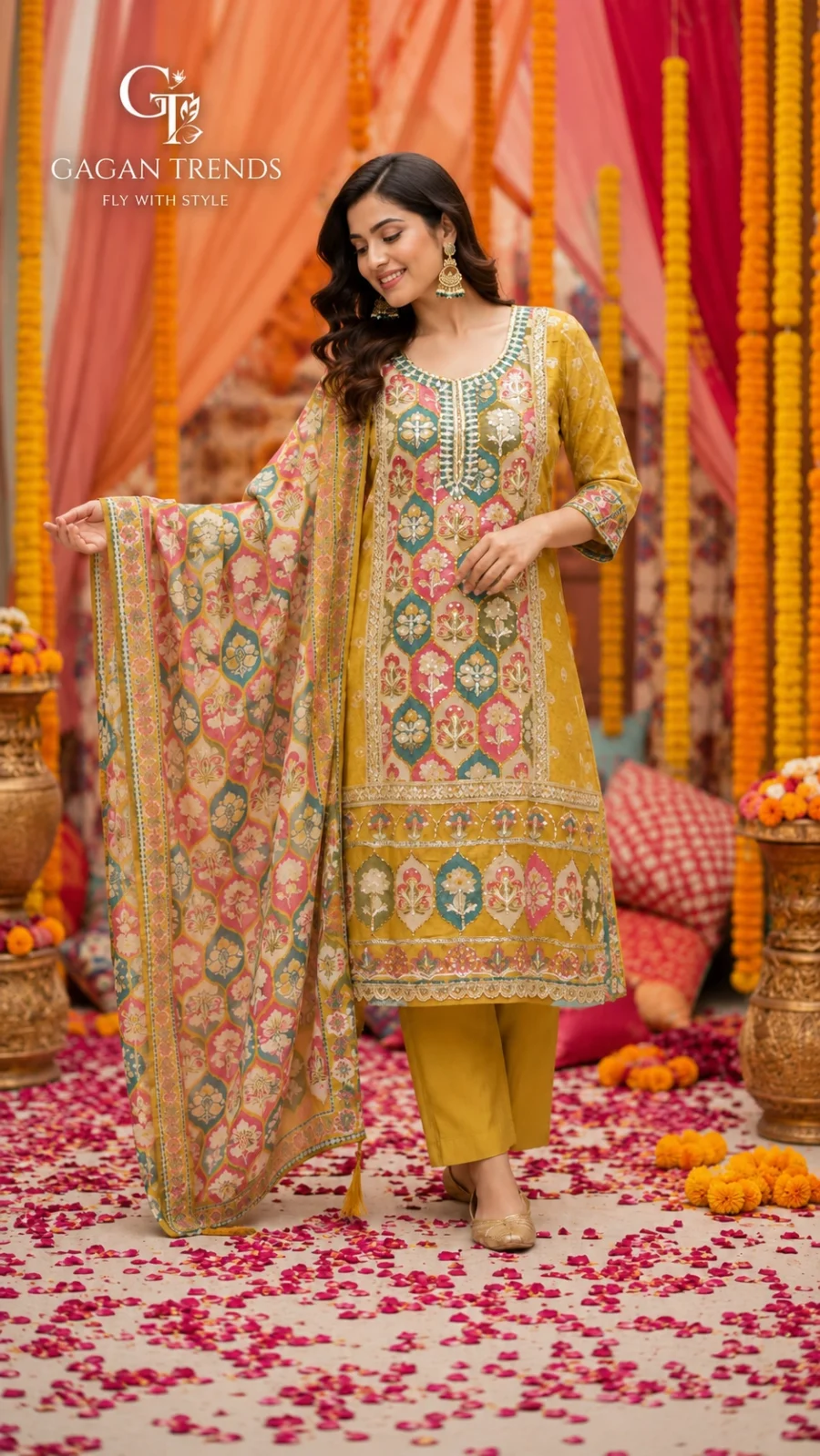 Gagan Trends Home Mustard Floral Printed Embroidered Kurta Set with Dupatta