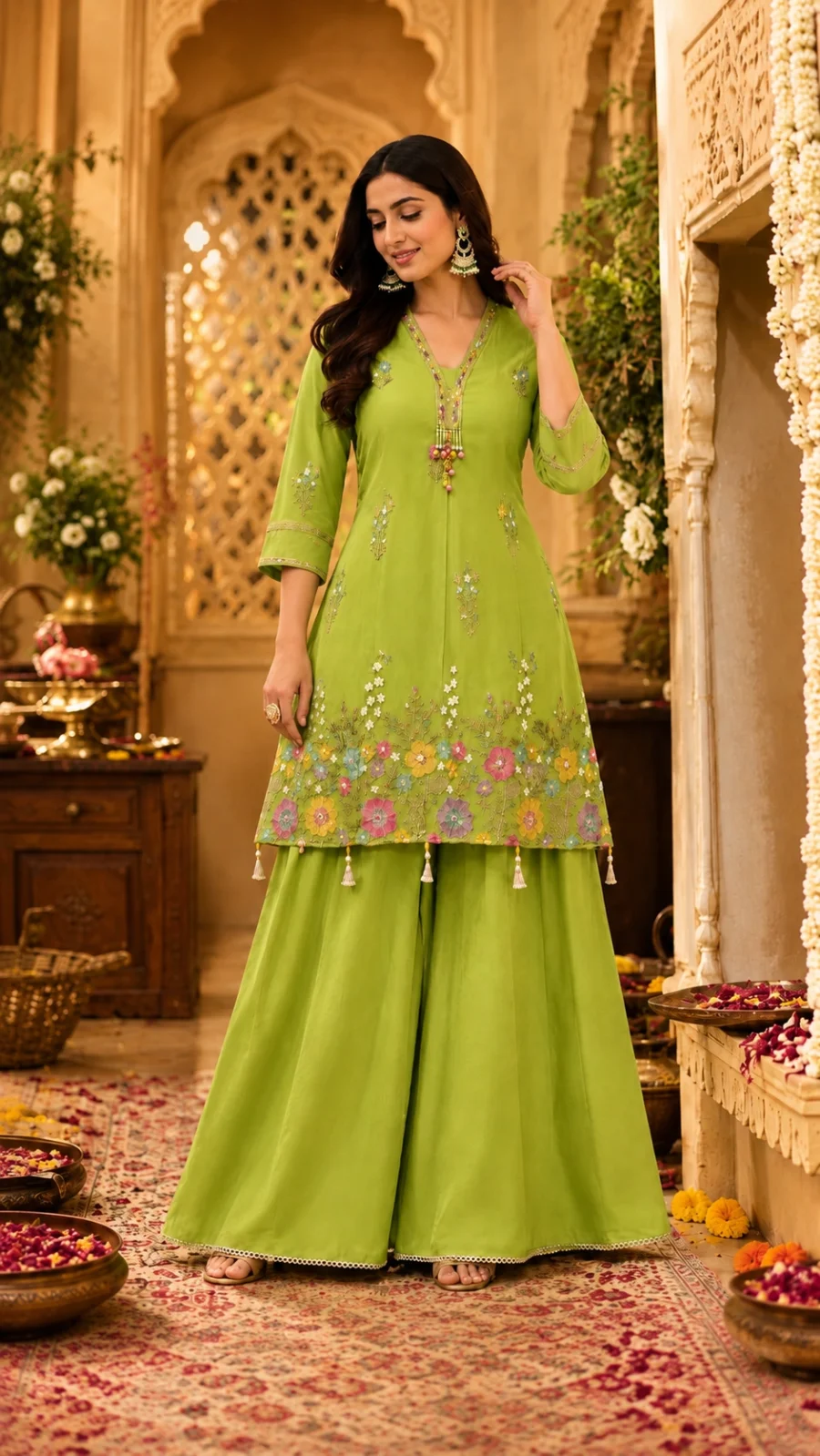 Gagan Trends Home Lime Green Floral Embroidered Sharara Set