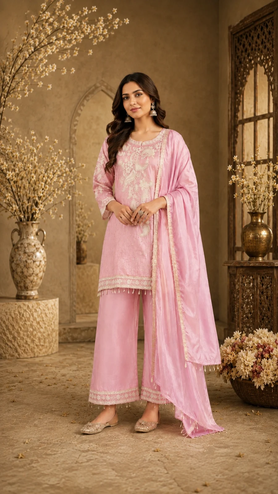 Gagan Trends Home Blush Pink Embroidered Palazzo Suit with Dupatta